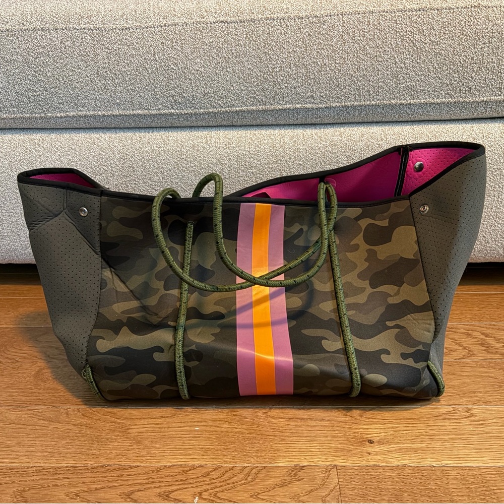 Haute Shore Camo Neoprene Tote with Pink & Orange Stripe